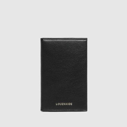 Black leather cardholder with 'LOUENHIDE' branding on a light gray background