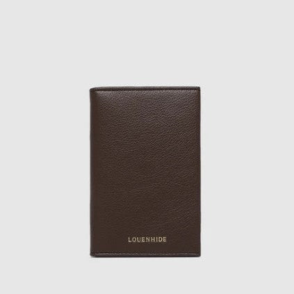 Brown leather wallet with 'LOUENHIDE' branding on a light gray background