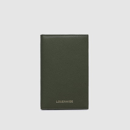 Green leather wallet with 'LOVENHIDE' branding on a light gray background