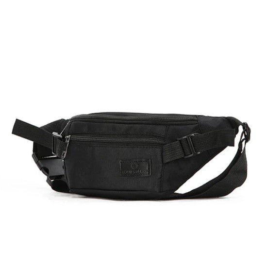 Black waist bag with a visible brand logo on a white background