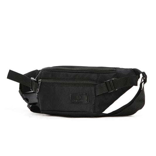 Black waist bag with a visible brand logo on a white background