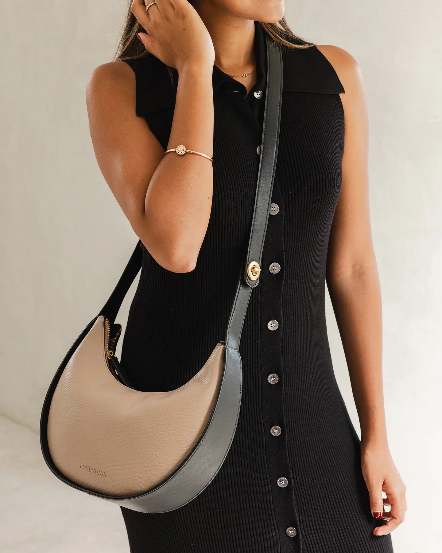 Louenhide Luna Coffee Shoulder Bag - Vegan Leather Crescent Moon Bag with Convertible Straps."