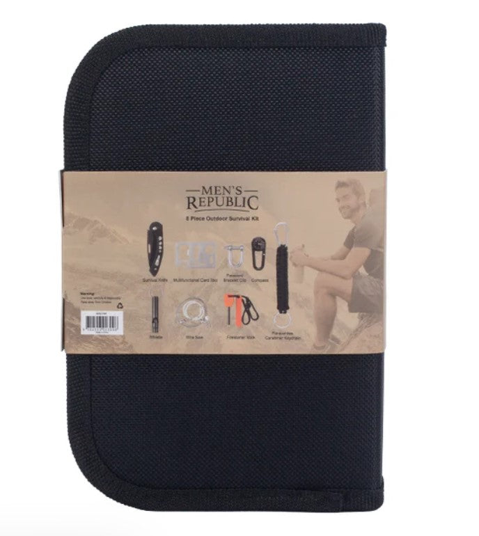 Black zippered pouch with a brown label featuring 'Men's Republic' on a white background