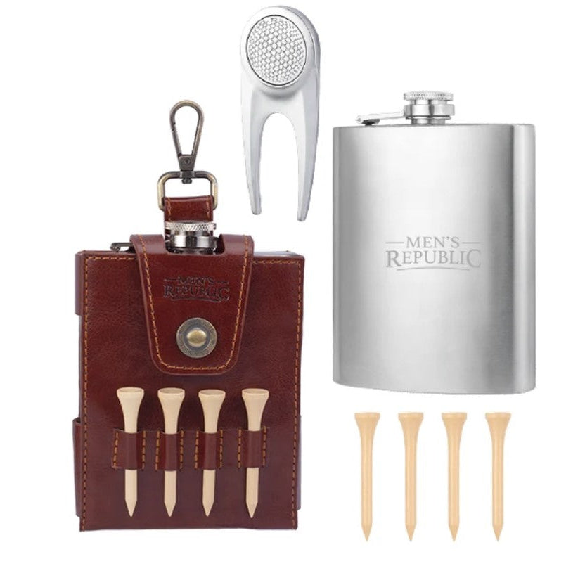 Men's Republic men's gift set featuring a silver stainless steel flask, a brown leather golf tees pouch with five beige tees, a silver metal golf divot tool, and five wooden tees on a white background.