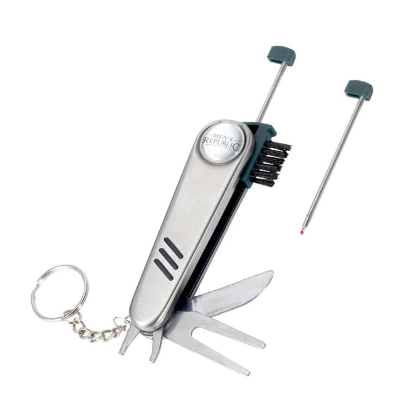 A stainless steel golf keychain multi-tool with several tools extended, including a divot fork, small brush, and screwdriver, shown on a plain white background.