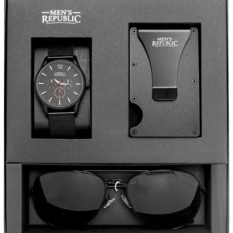 Men's Republic watch, cardholder, and sunglasses set in a black box