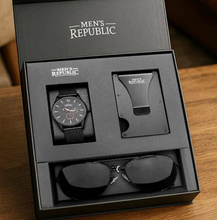 Men's Republic watch, cardholder, and sunglasses set in a box on a wooden surface
