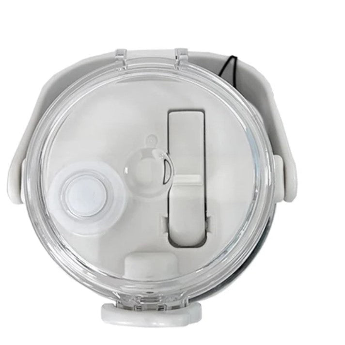 Top-down view of a clear plastic water bottle lid with a white flip-straw insert and white outer rim, shown on a plain white background.