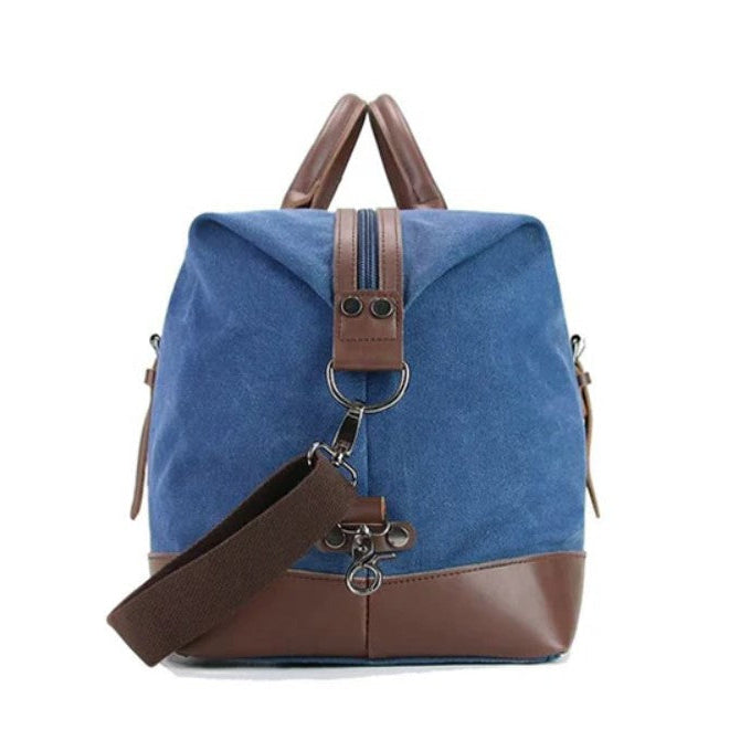 Blue backpack with brown accents on a white background