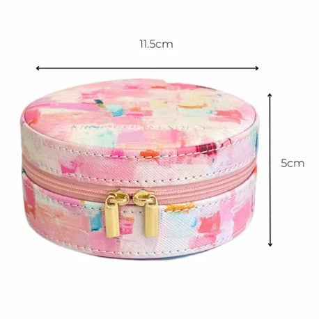 Round jewelry box with colorful pattern and gold zipper, shown with dimensions on a white background.