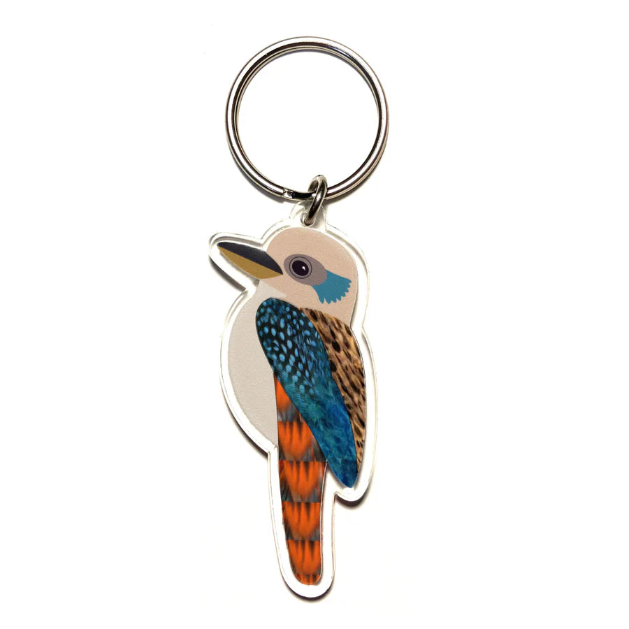 Keychain with a colorful bird design on a white background