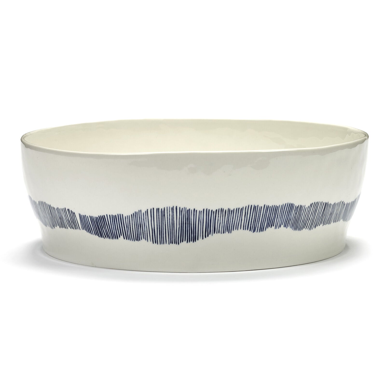 Ceramic bowl with a decorative blue line on a white background