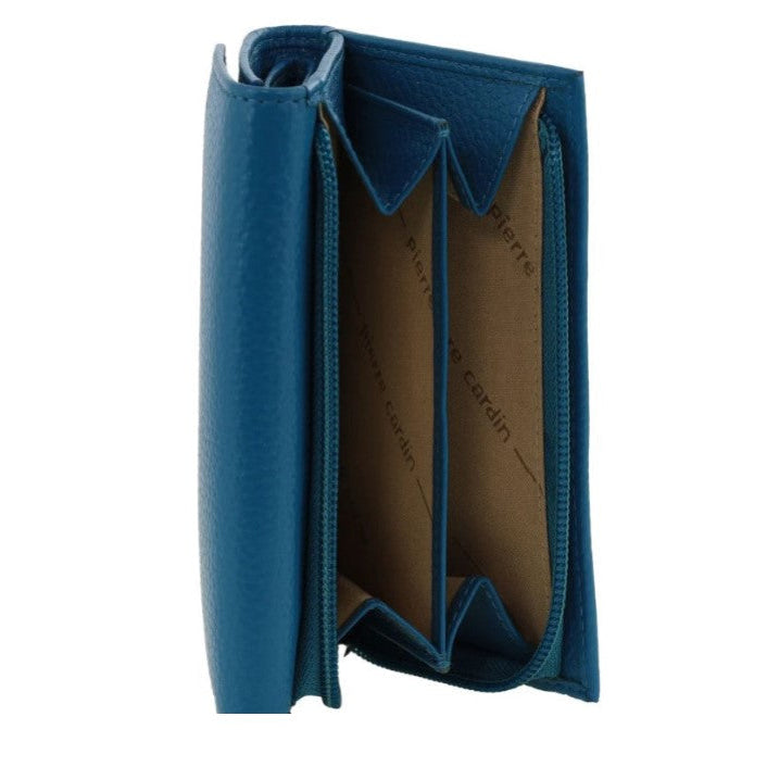 Blue leather wallet with brown interior on a white background