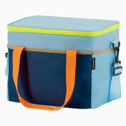 A light blue and navy cooler bag with bright orange handles and a neon yellow zipper, shown on a plain white background.