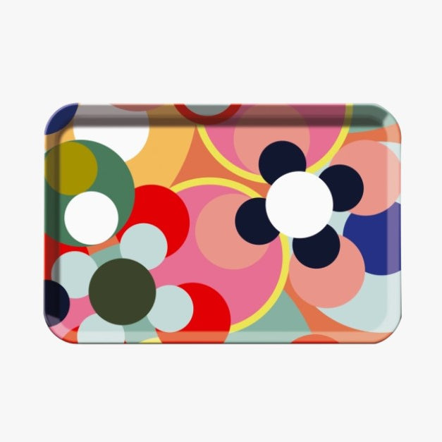 A rectangular tray with rounded corners featuring a vibrant mid-century modern floral pattern with overlapping circles and stylized flowers in pink, orange, yellow, green, blue, red, and white.
