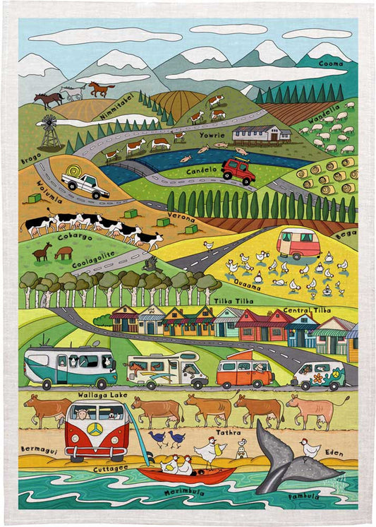 Colorful illustration of a rural landscape with animals, vehicles, and buildings.
