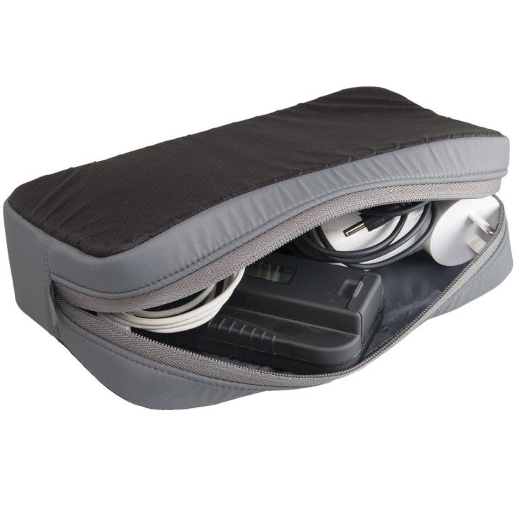 Gray carrying case with electronic components on a white background