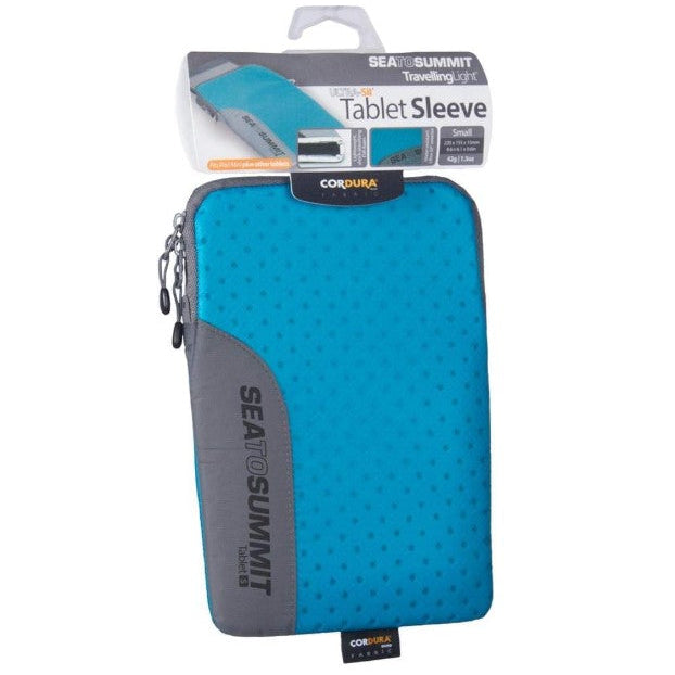 Blue and gray tablet sleeve with Sea to Summit branding on a white background