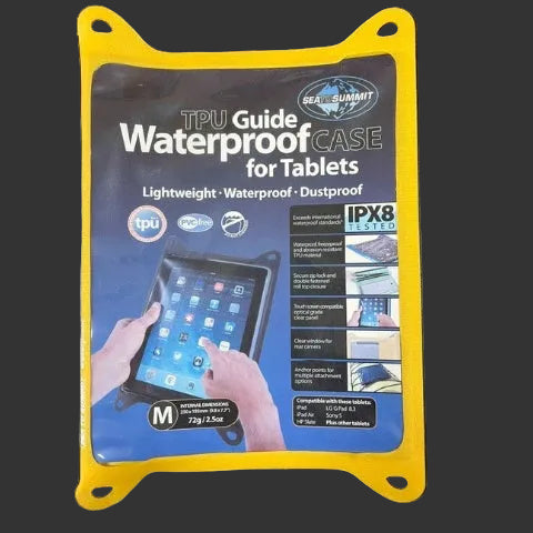 TPU Guide Waterproof Case for Tablets packaging with yellow border on a black background