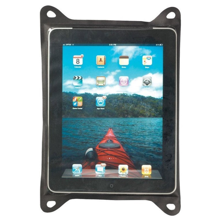 Tablet in a waterproof case with a kayak and water background on the screen