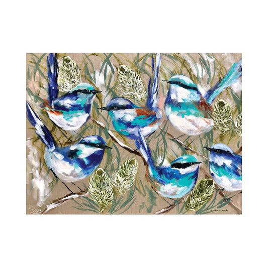 Illustration of blue birds on branches with a natural background