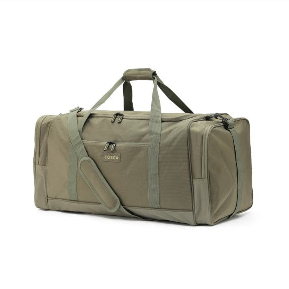 Green duffel bag with 'Tosca' branding on a white background