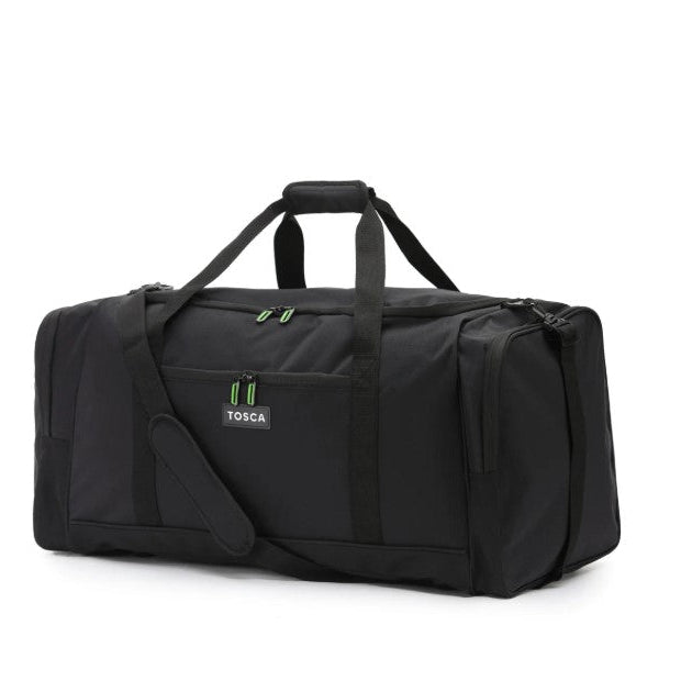 Black duffel bag with 'Tosca' branding on a white background