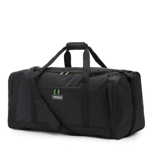Black duffel bag with 'Tosca' branding on a white background