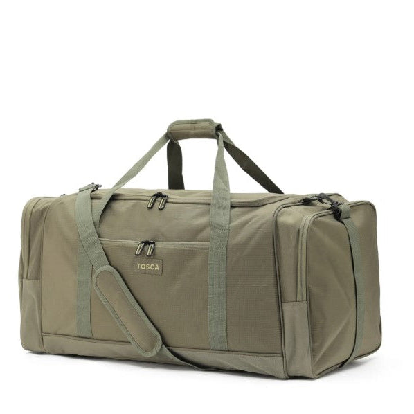 Green duffel bag with 'Tosca' branding on a white background