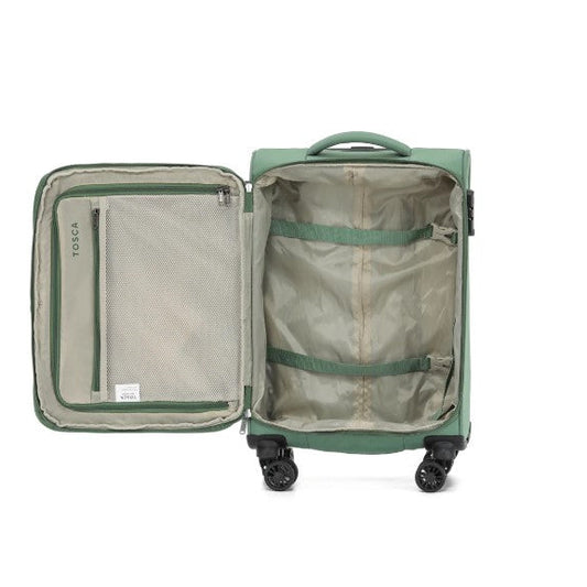 Green suitcase with open compartment on a white background