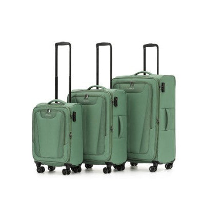 Set of three green suitcases of different sizes on a white background