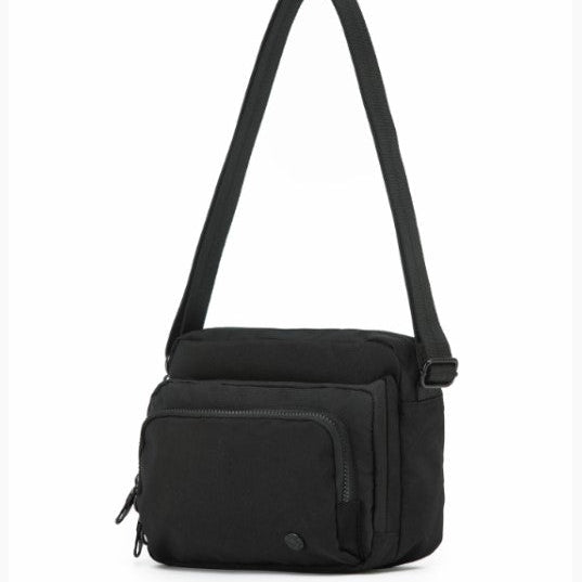 Black shoulder bag on a white background