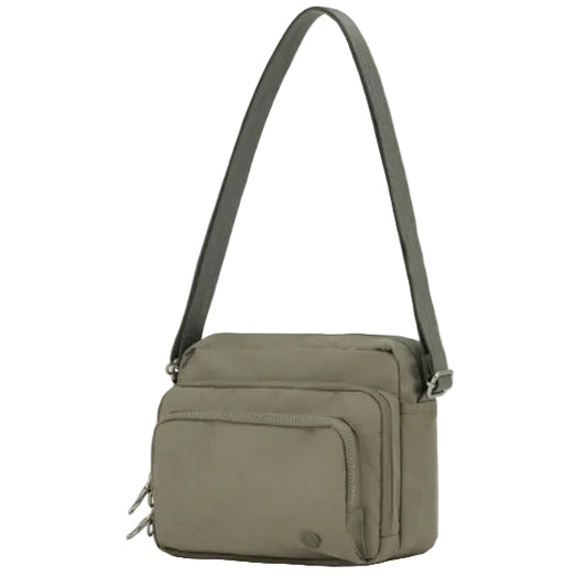 Taupe crossbody bag on a white background