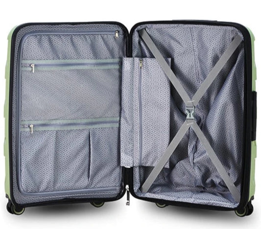 Open suitcase with interior view on a light gray background