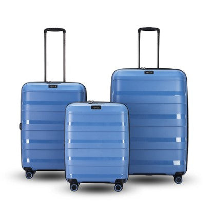 Three blue suitcases of different sizes on a white background