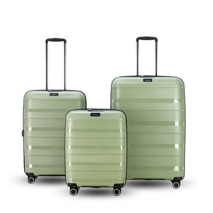 Three green suitcases of different sizes on a white background