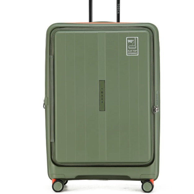 Green suitcase with a visible brand logo on a white background