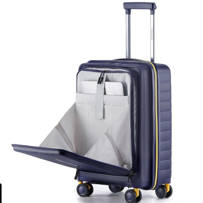 Purple suitcase with open compartment showing white interior on a white background