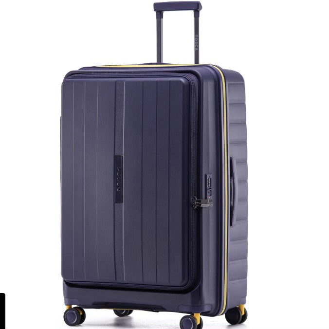 purple suitcase with yellow accents on a white background