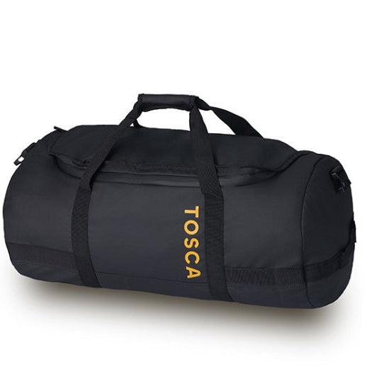 Black duffel bag with 'TOSCA' branding on a white background