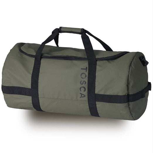 Green duffel bag with black straps on a white background