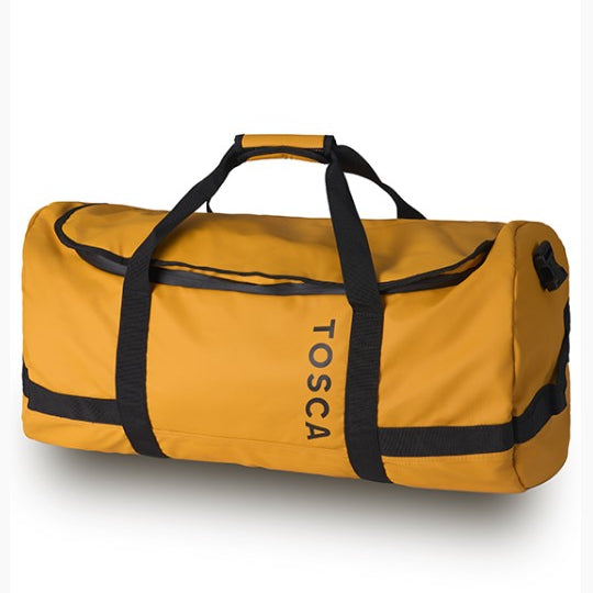 Yellow duffel bag with black straps and 'Tosca' branding on a white background