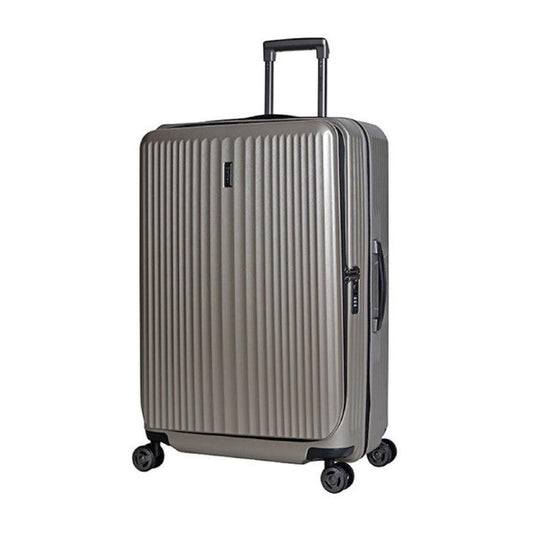 Silver suitcase with wheels on a white background