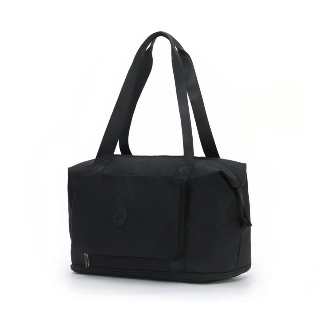 Black duffel bag on a white background
