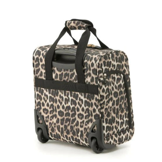 Leopard print rolling suitcase - fits under most airline seats. Back view.