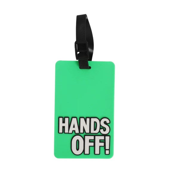 Green luggage tag with 'HANDS OFF!' text on a white background