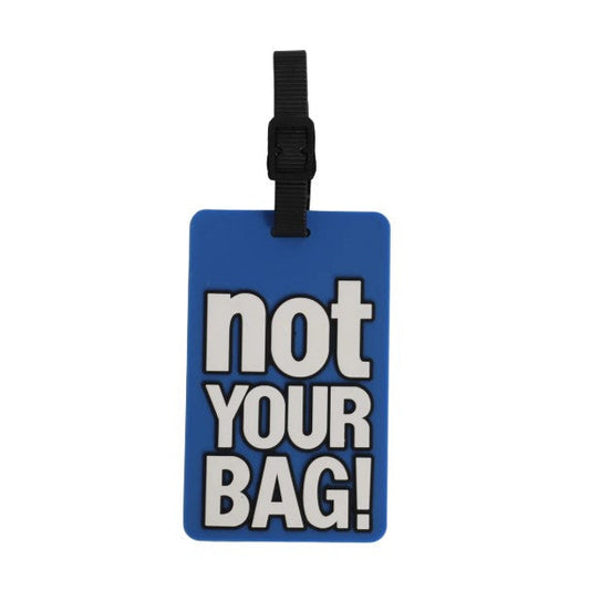 Blue luggage tag with 'not your bag!' text on a white background