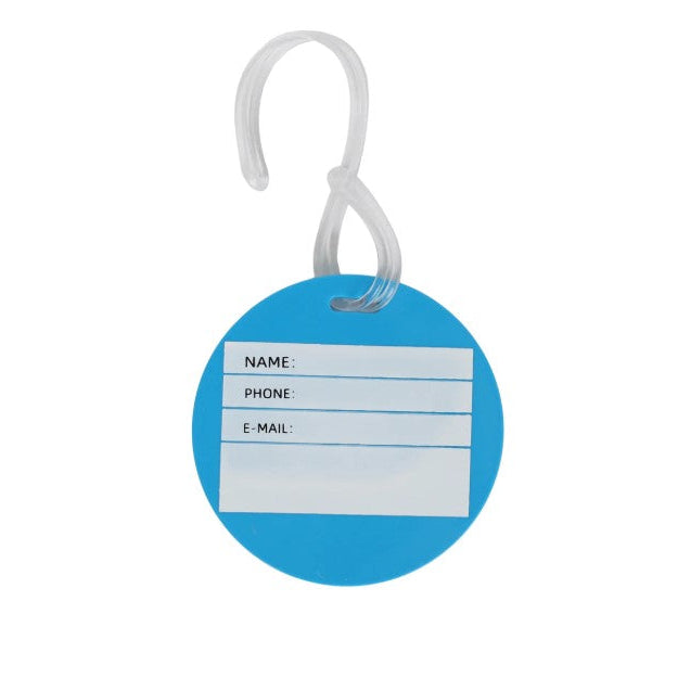 Blue round tag with a white label for name, phone, and email on a white background