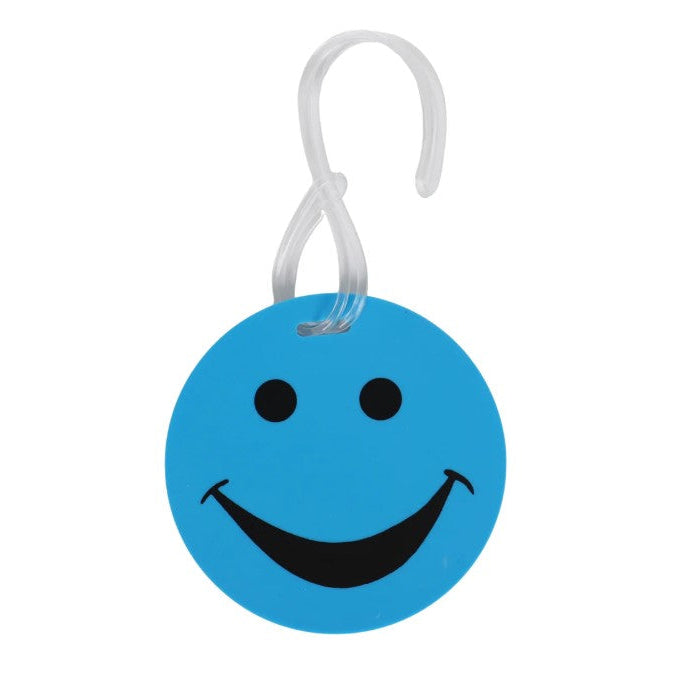 Blue smiley face tag with a clear plastic hook on a white background