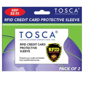 Tosca RFID credit card protective sleeve packaging with a green and purple border.